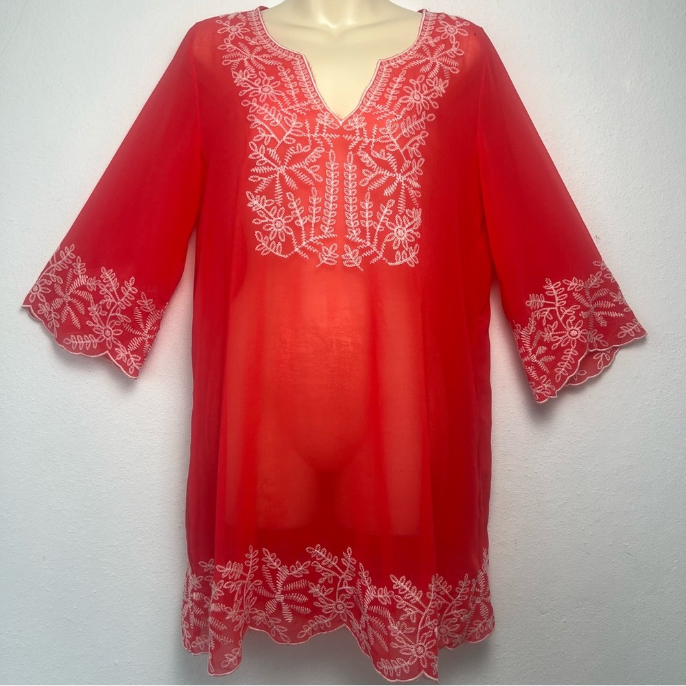 Monoreno Women’s Embroidered Tunic Top Size Medium V-Neck Cover-Up Coral Color - Picture 16 of 16